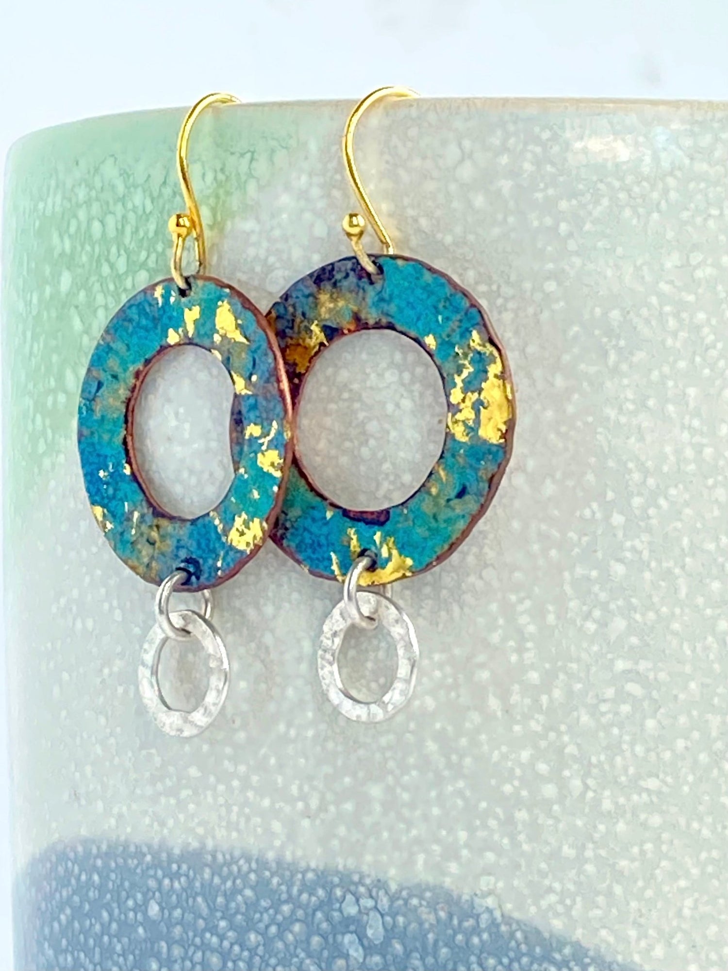 Ripple textured copper and blue gold enamel earrings with silver textured hoop - Katie Johnston Jewellery