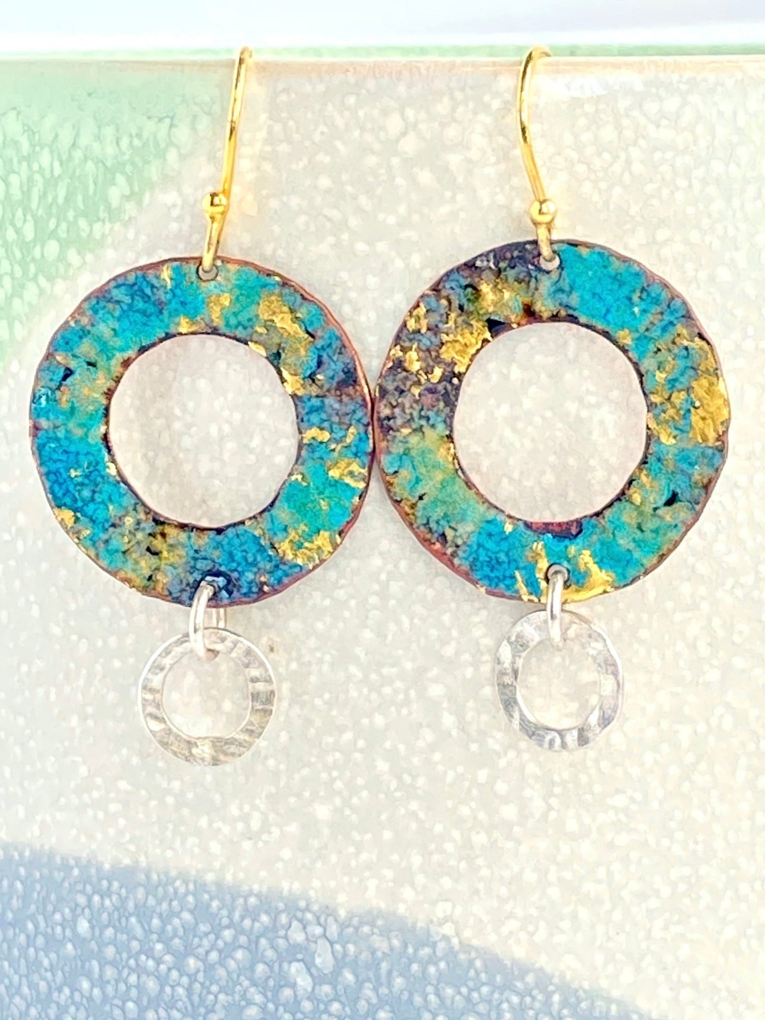 Ripple textured copper and blue gold enamel earrings with silver textured hoop - Katie Johnston Jewellery
