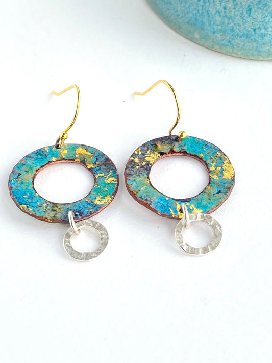 Ripple textured copper and blue gold enamel earrings with silver textured hoop - Katie Johnston Jewellery