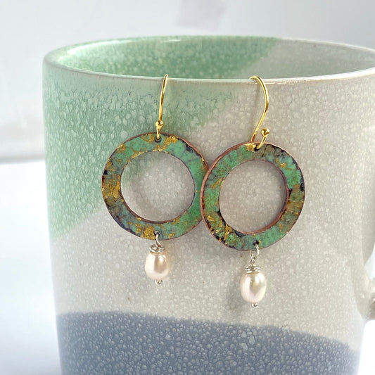 Ripple textured copper and green gold enamel earrings with pearl (small) - Katie Johnston Jewellery