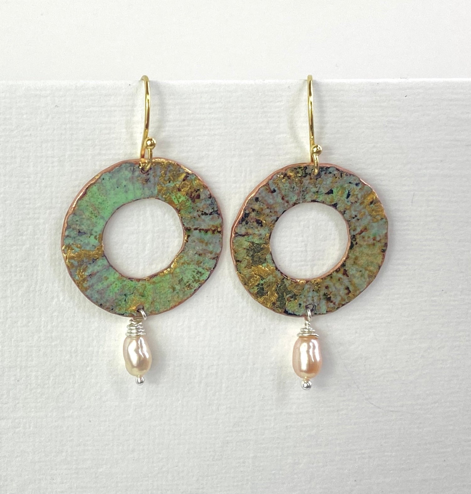 Ripple textured copper and green gold enamel earrings with pearl (small) - Katie Johnston Jewellery