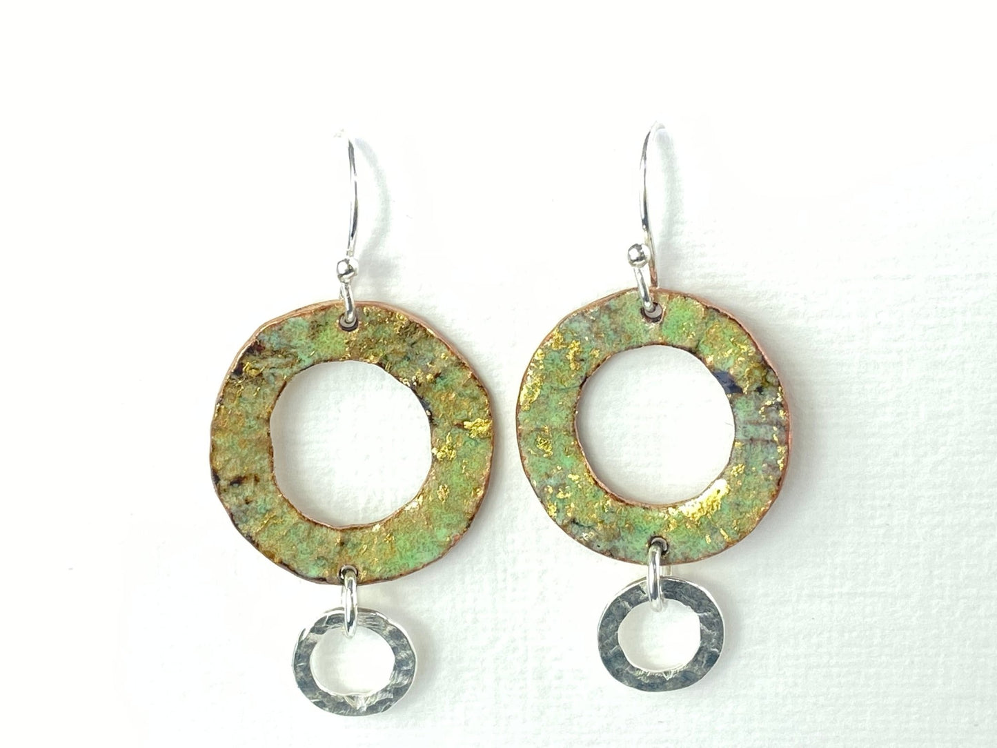 Ripple textured copper and green gold enamel earrings with silver textured hoop - Katie Johnston Jewellery