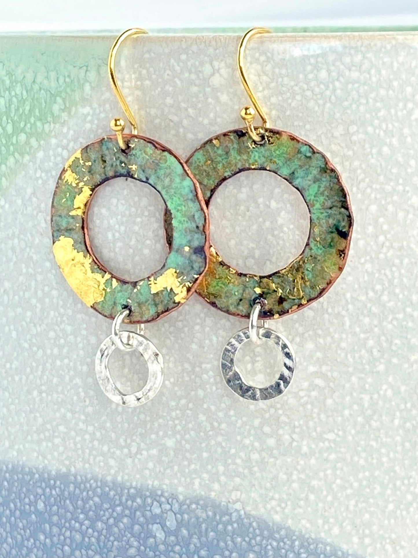 Ripple textured copper and green gold enamel earrings with silver textured hoop - Katie Johnston Jewellery