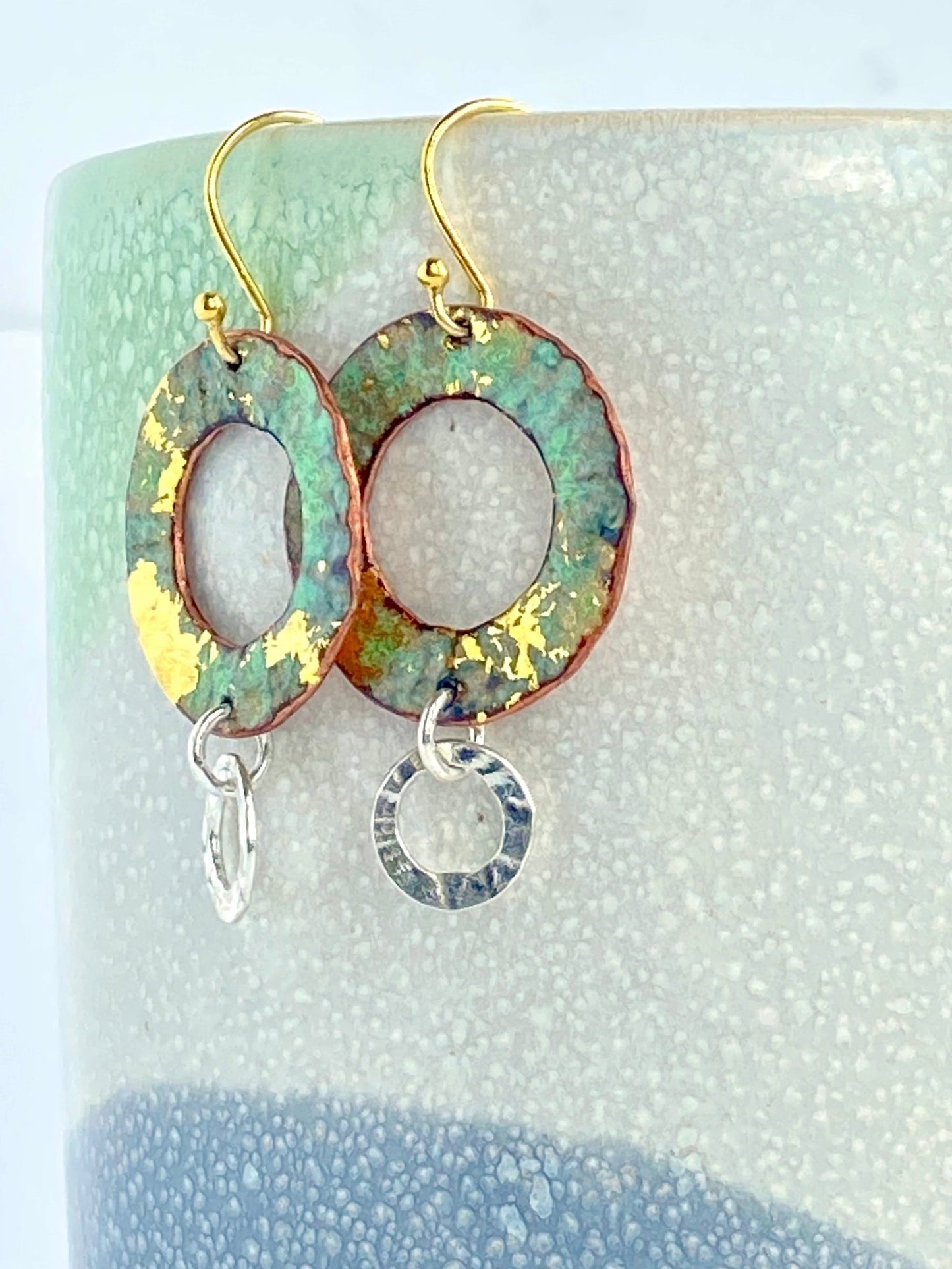 Ripple textured copper and green gold enamel earrings with silver textured hoop - Katie Johnston Jewellery