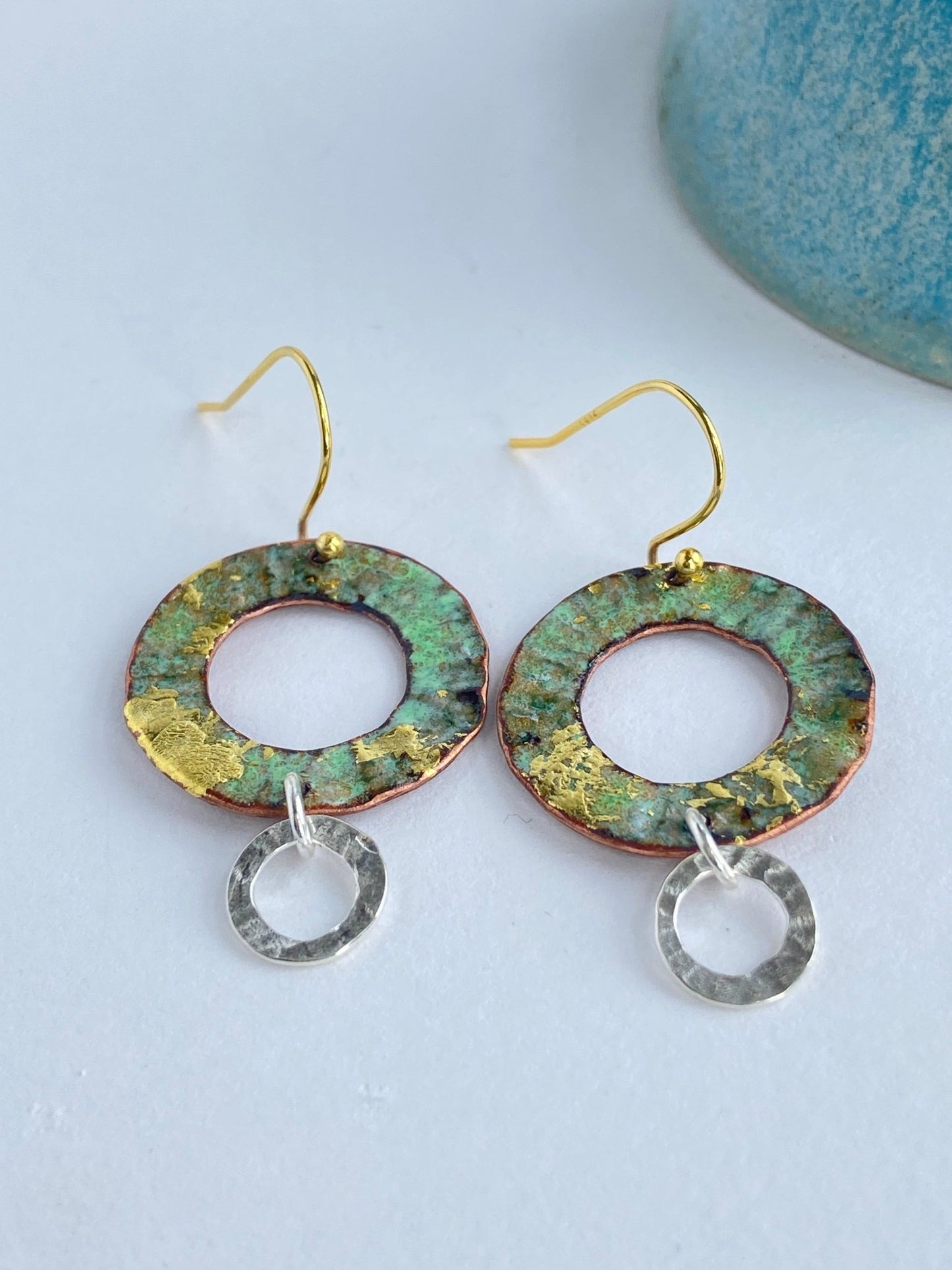 Ripple textured copper and green gold enamel earrings with silver textured hoop - Katie Johnston Jewellery