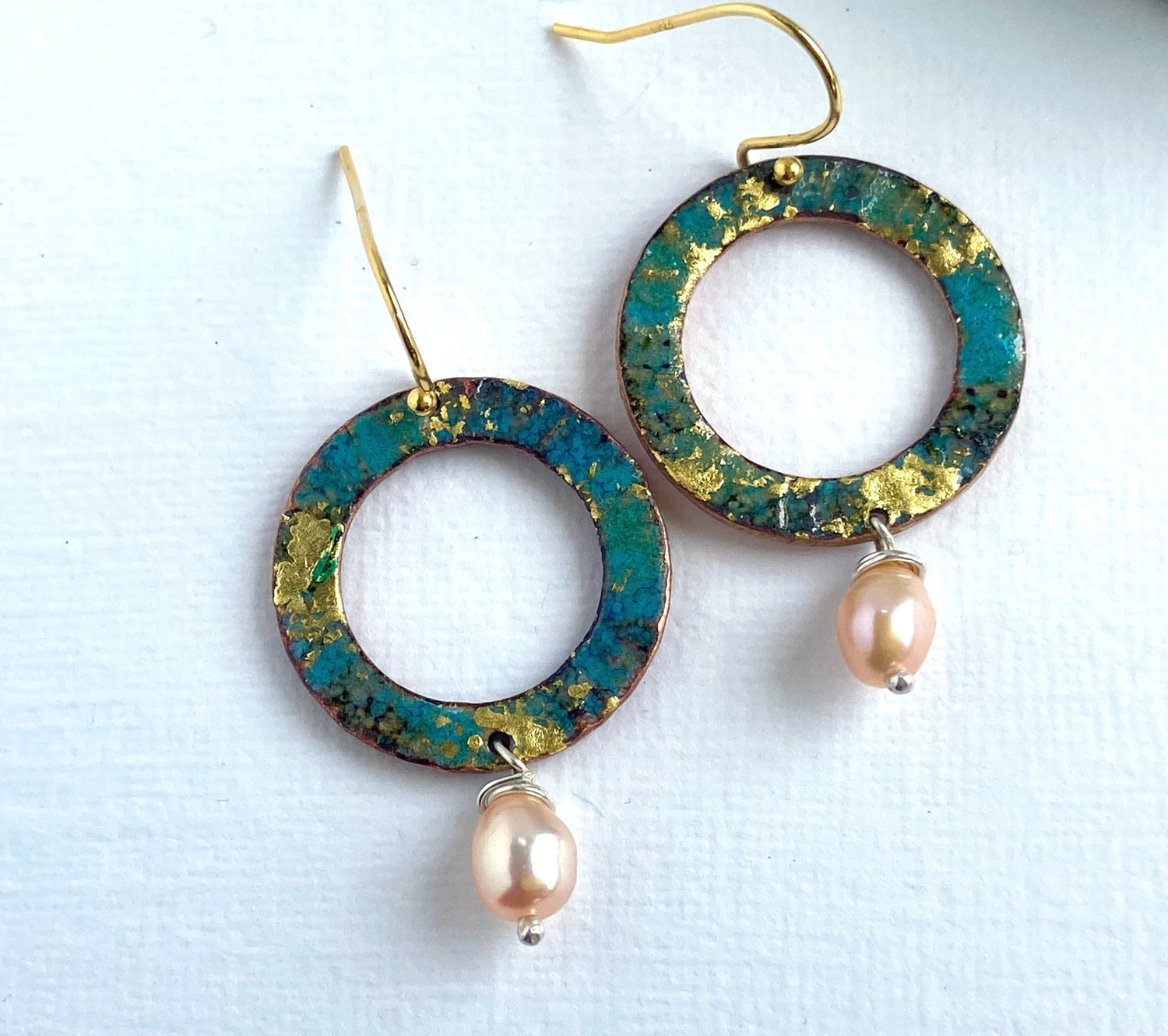 Ripple textured copper and turquoise blue enamel earrings with pearl (small) - Katie Johnston Jewellery