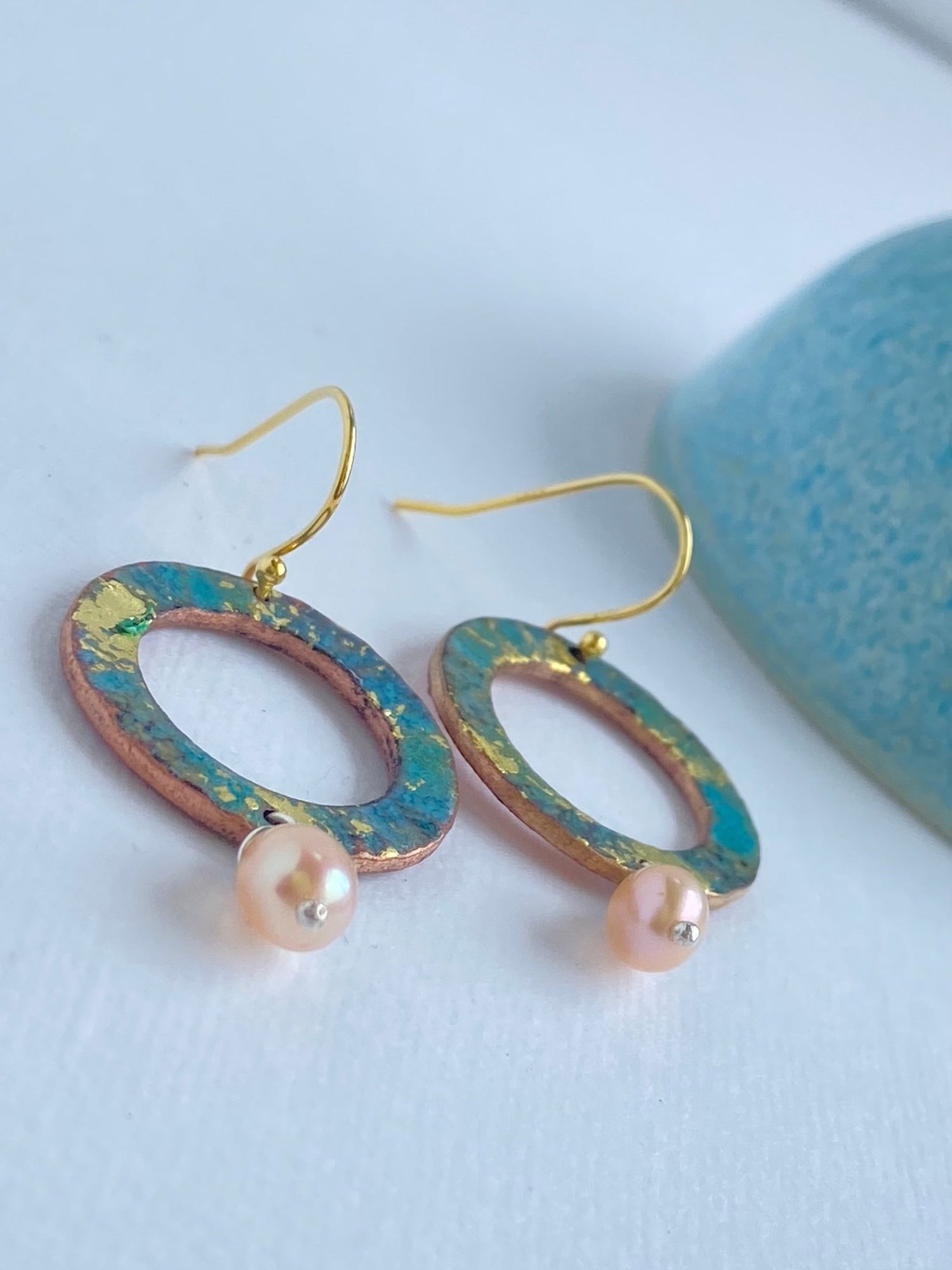 Ripple textured copper and turquoise blue enamel earrings with pearl (small) - Katie Johnston Jewellery