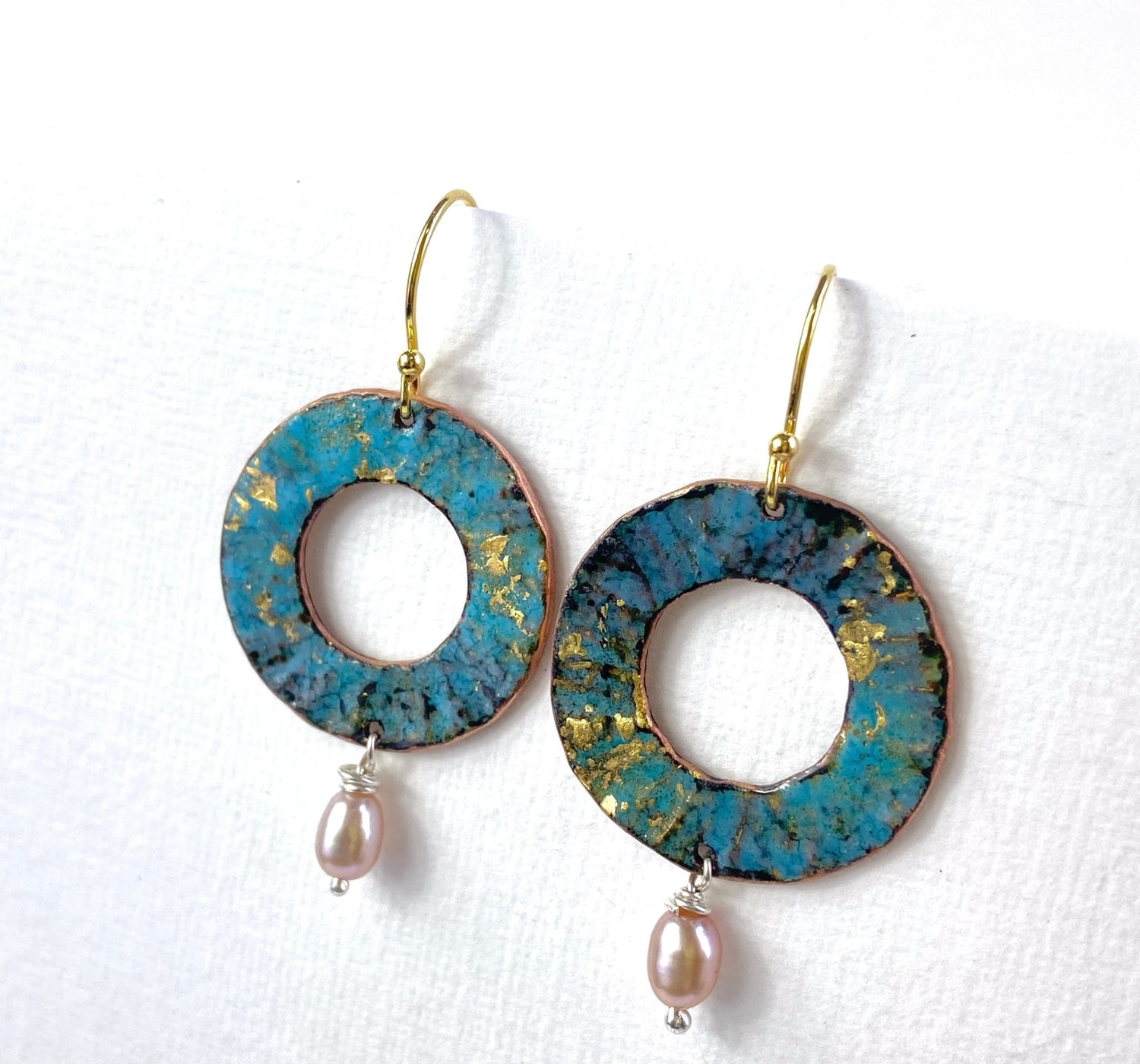 Ripple textured copper and turquoise blue enamel earrings with pearl (small) - Katie Johnston Jewellery