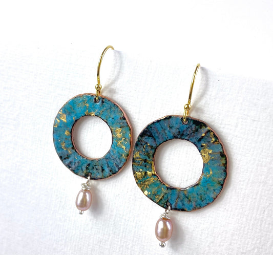 Ripple textured copper and turquoise blue enamel earrings with pearl (small) - Katie Johnston Jewellery