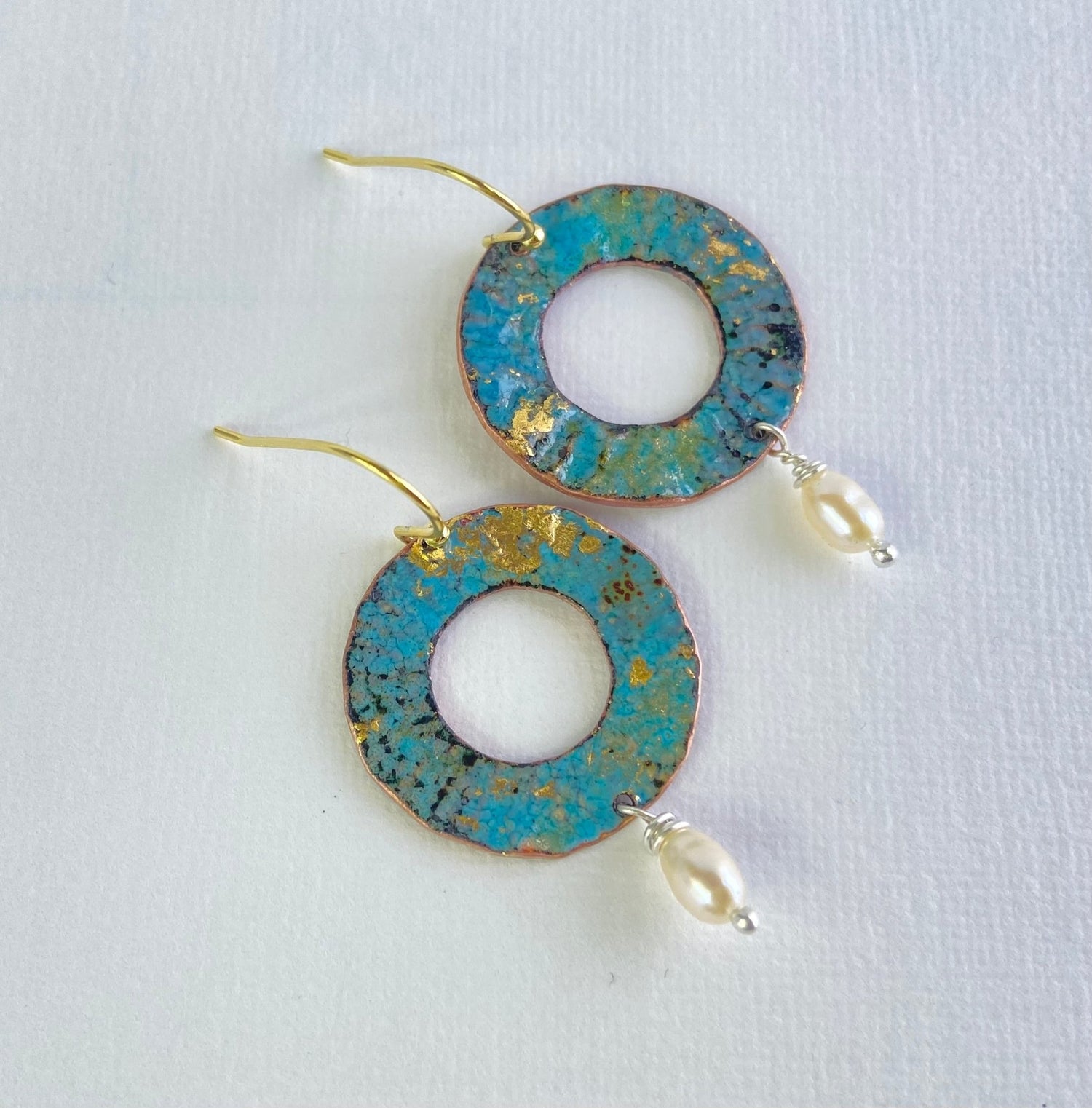 Ripple textured copper and turquoise blue enamel earrings with pearl (small) - Katie Johnston Jewellery