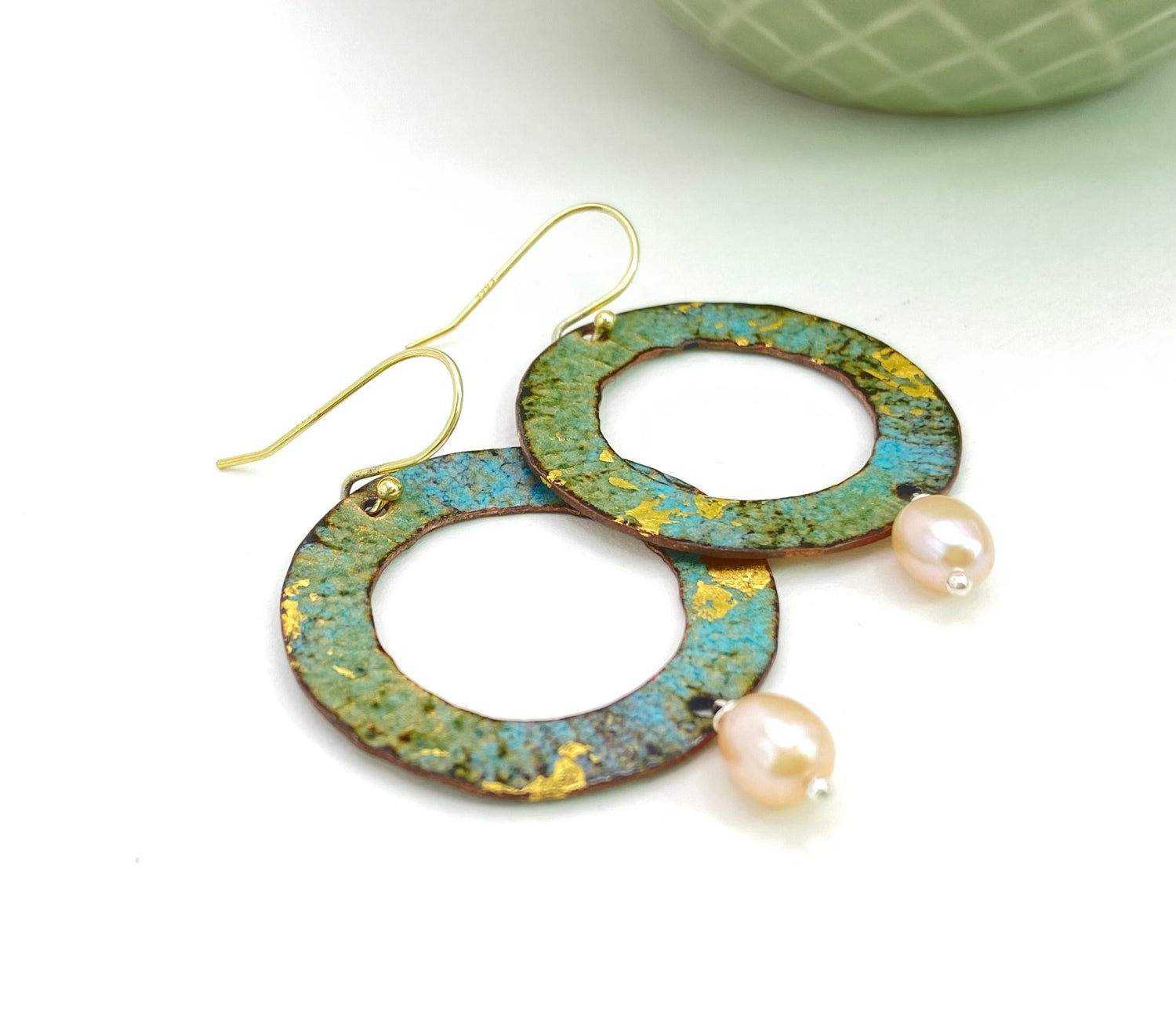 Ripple textured copper and turquoise enamel earrings with pearl - Katie Johnston Jewellery