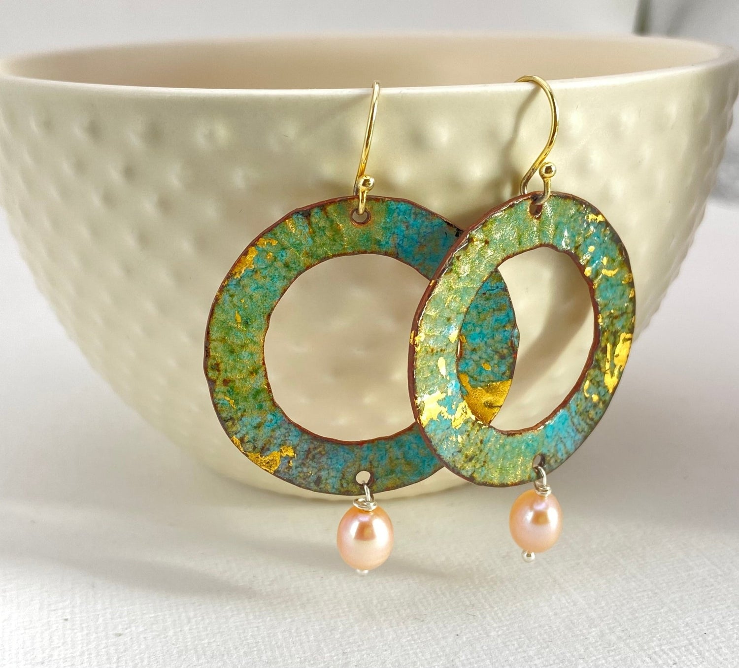 Ripple textured copper and turquoise enamel earrings with pearl - Katie Johnston Jewellery