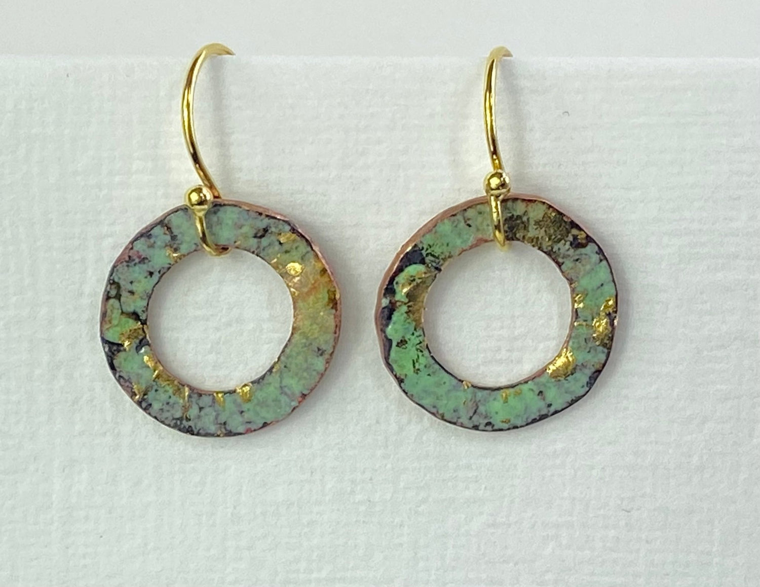 Ripple textured copper and turquoise green gold hoop enamel earrings - Katie Johnston Jewellery
