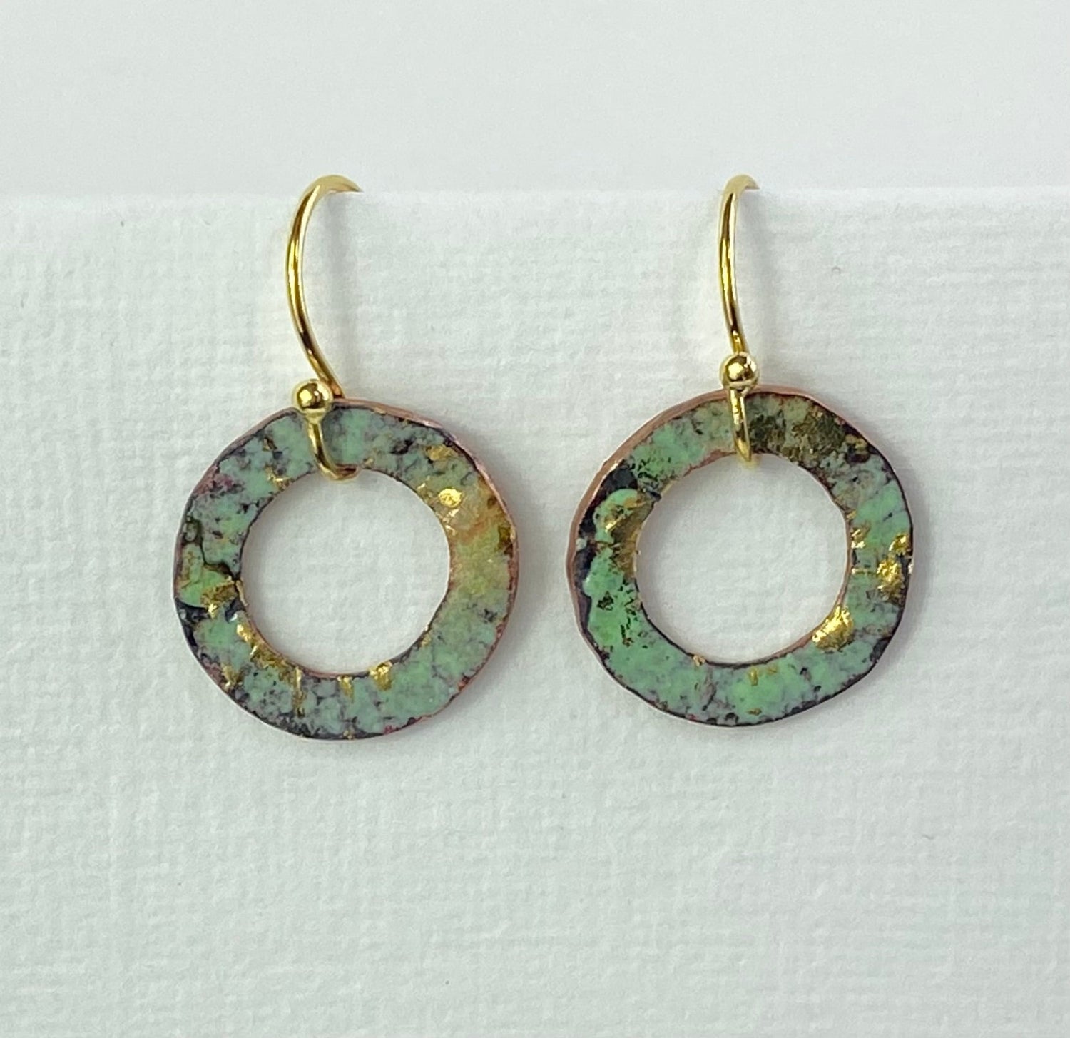 Ripple textured copper and turquoise green gold hoop enamel earrings - Katie Johnston Jewellery