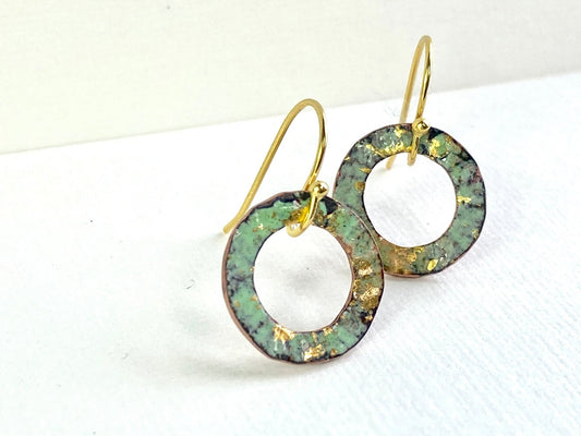 Ripple textured copper and turquoise green gold hoop enamel earrings - Katie Johnston Jewellery