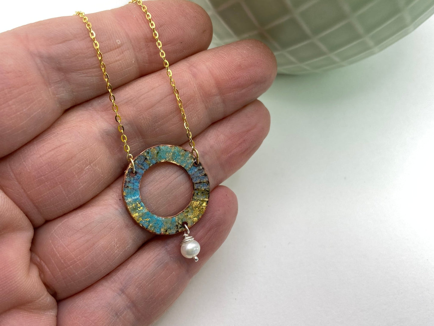 Ripple turquoise enamel copper and pearl pendant necklace - Katie Johnston Jewellery