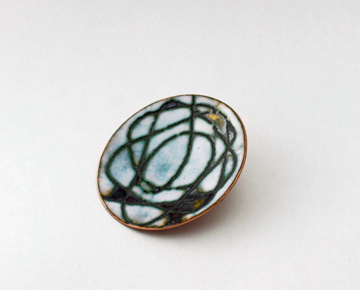 Sgraffito brooch - Enamel pattern circular brooch - large white round enamel pin -White scribble enamel brooch - Katie Johnston Jewellery