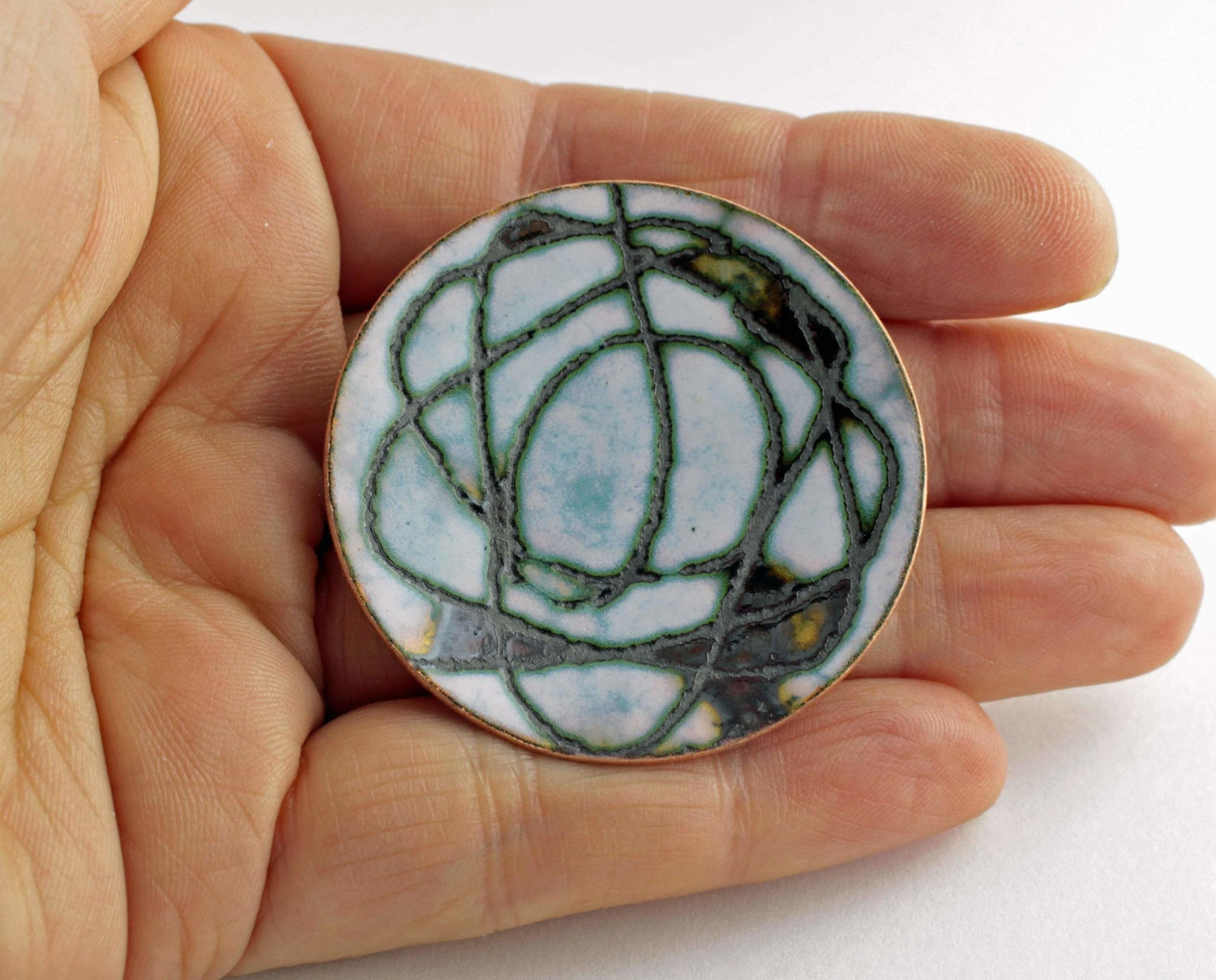 Sgraffito brooch - Enamel pattern circular brooch - large white round enamel pin -White scribble enamel brooch - Katie Johnston Jewellery