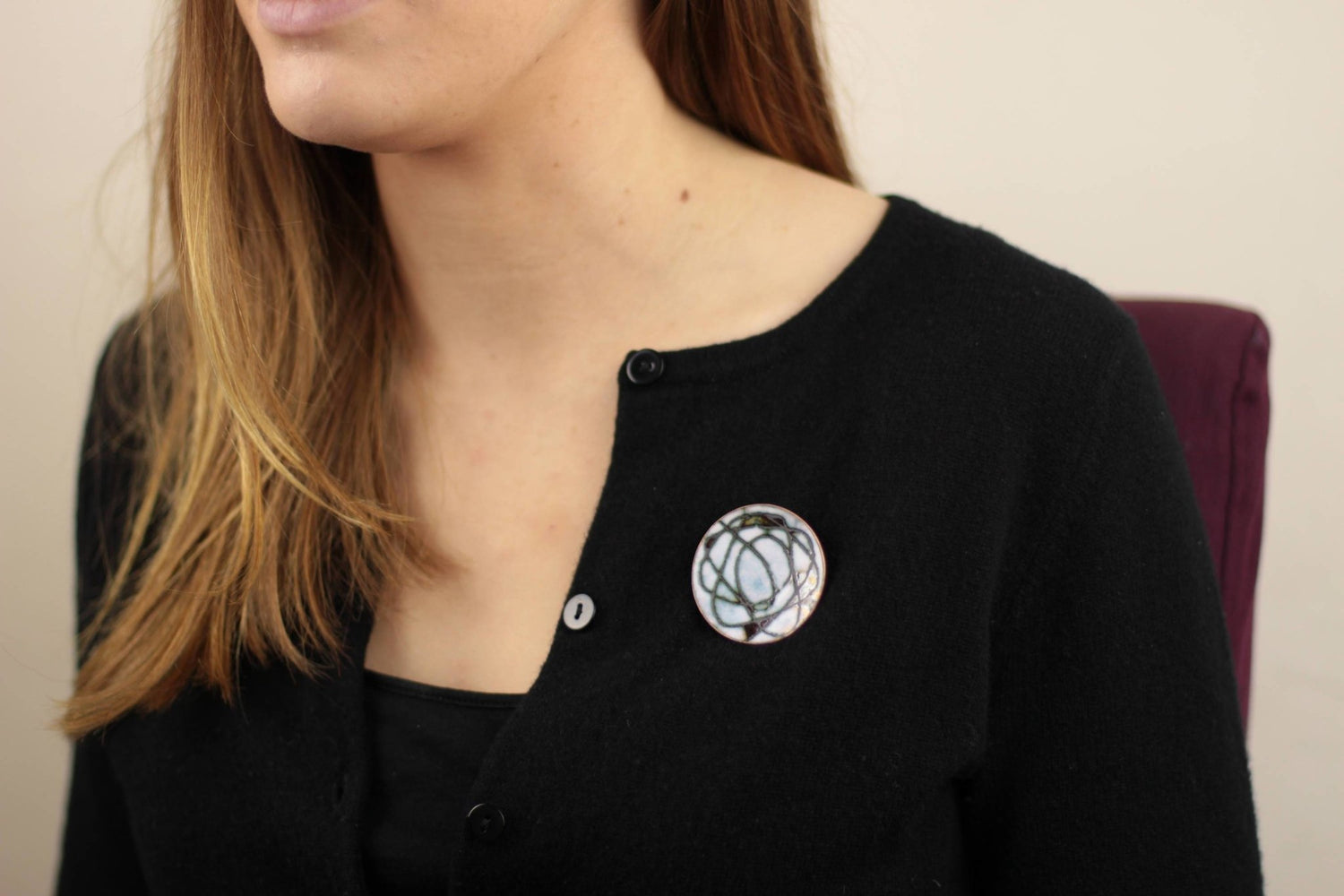 Sgraffito brooch - Enamel pattern circular brooch - large white round enamel pin -White scribble enamel brooch - Katie Johnston Jewellery