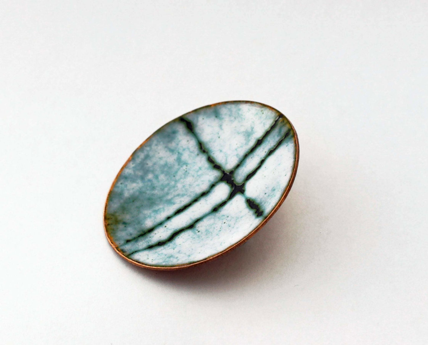 Sgraffito enamel copper brooch. White large round brooch with pattern. - Katie Johnston Jewellery