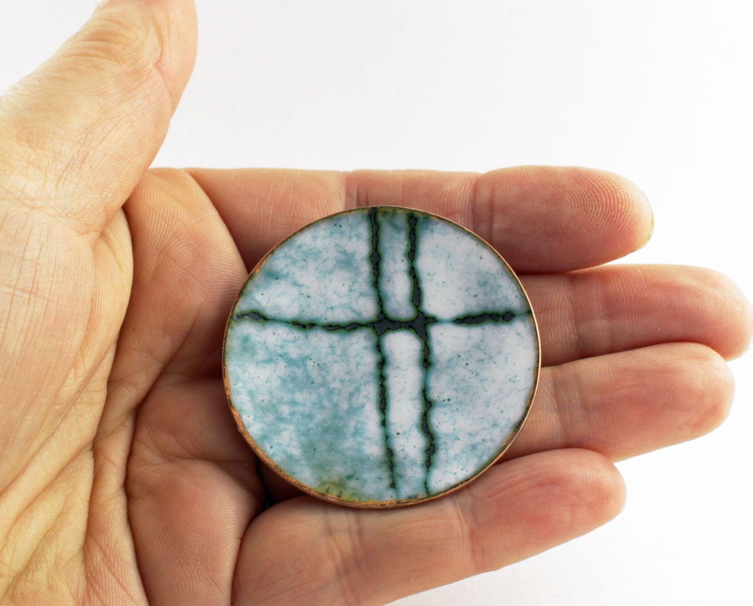 Sgraffito enamel copper brooch. White large round brooch with pattern. - Katie Johnston Jewellery