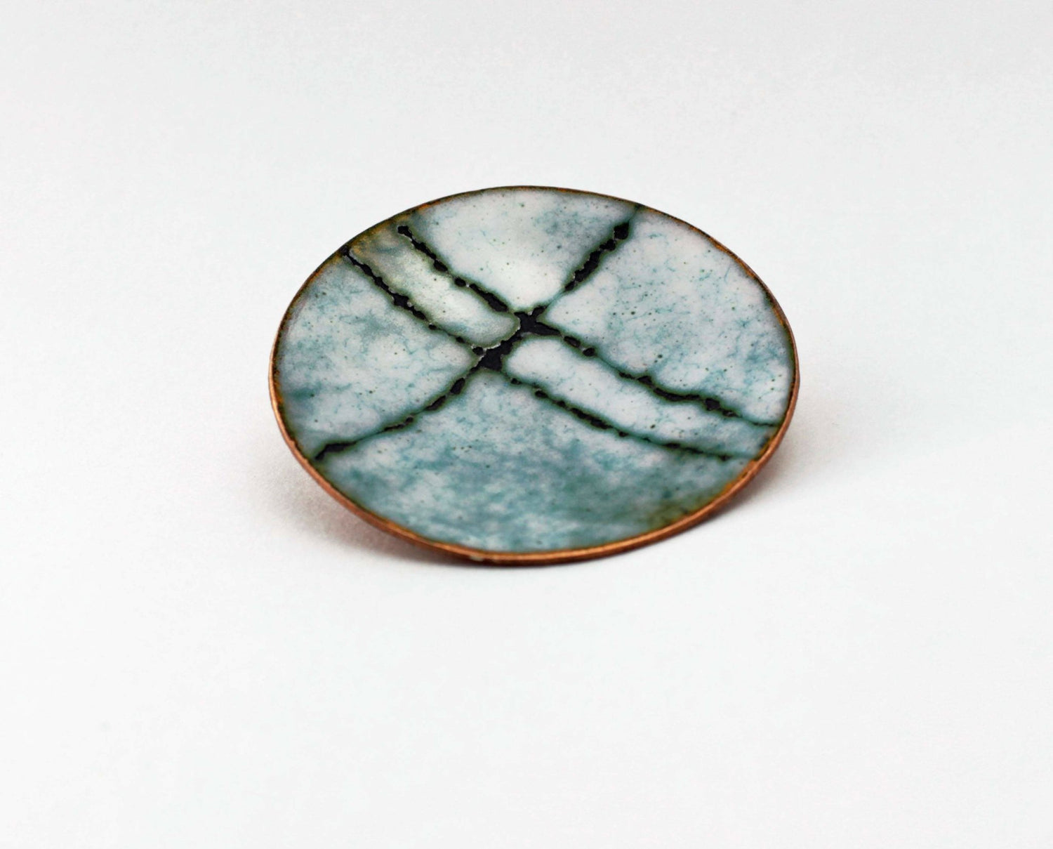 Sgraffito enamel copper brooch. White large round brooch with pattern. - Katie Johnston Jewellery