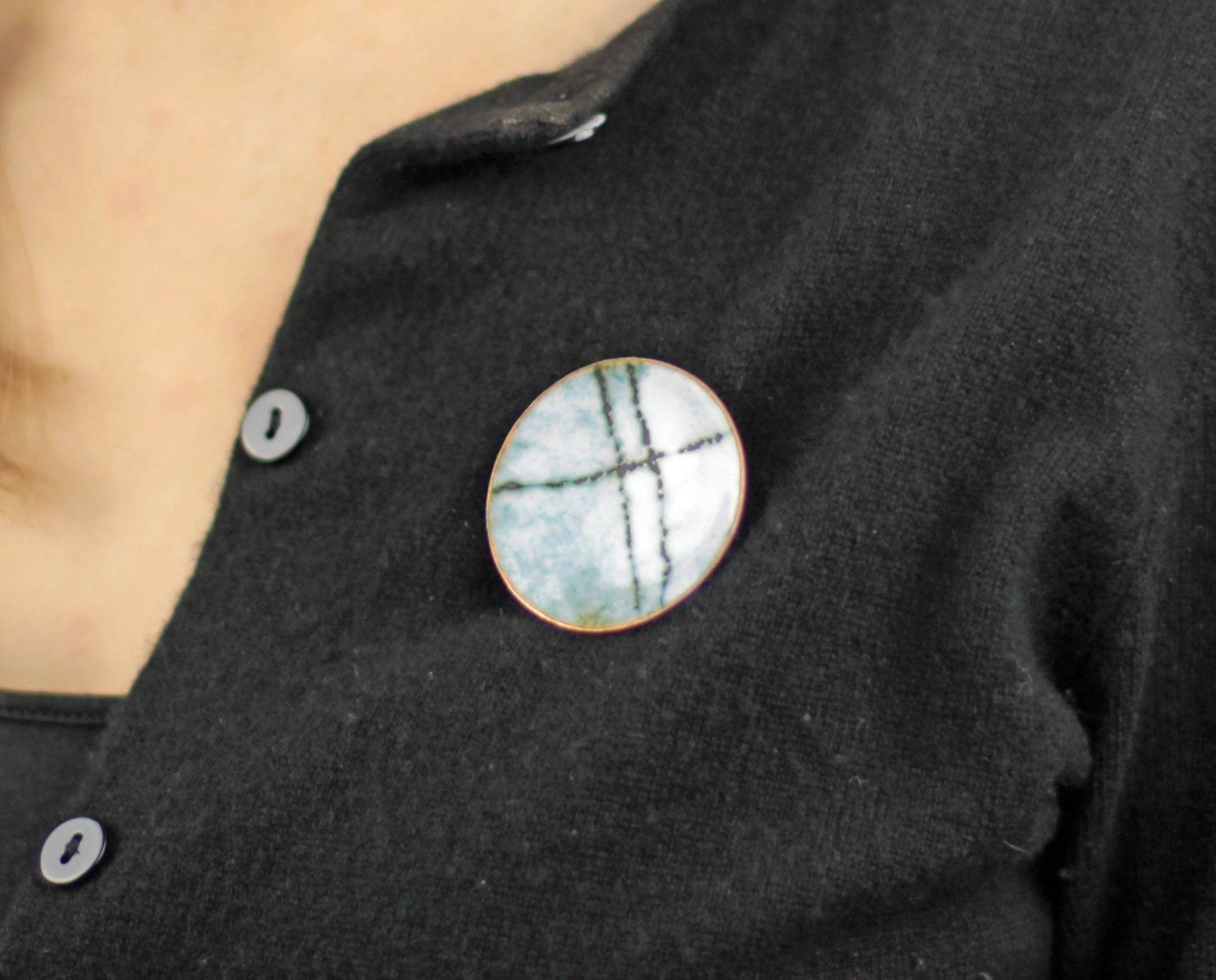 Sgraffito enamel copper brooch. White large round brooch with pattern. - Katie Johnston Jewellery