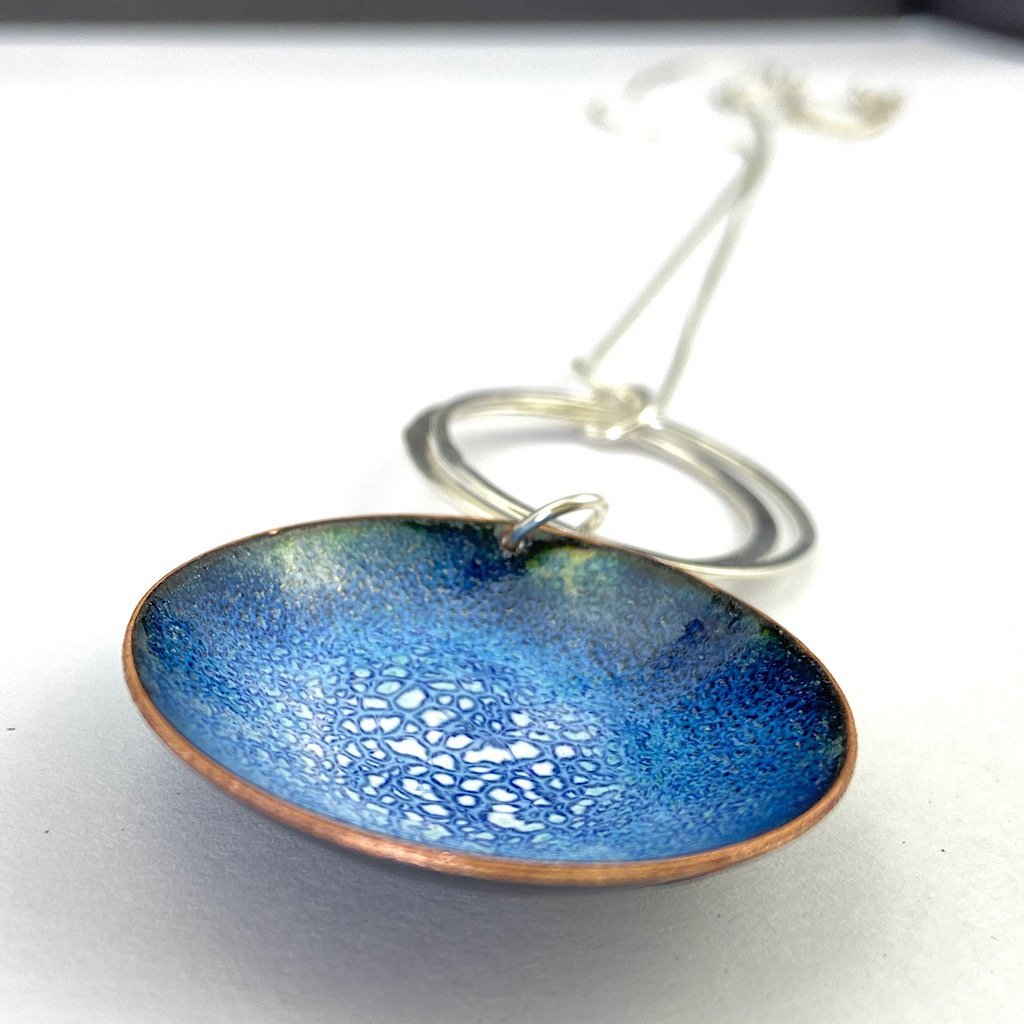 Statement Enamel Pendant - Little copper 'bowls' filled with enamel on sterling silver hoop and chain - Katie Johnston Jewellery