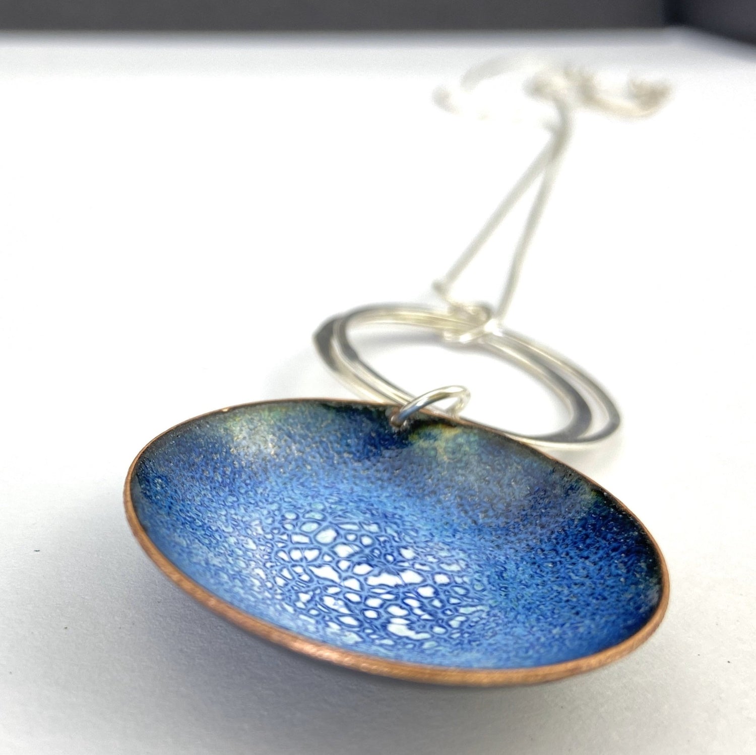 Statement Enamel Pendant - Little copper 'bowls' filled with enamel on sterling silver hoop and chain - Katie Johnston Jewellery