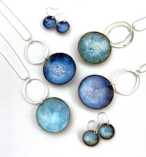 Statement Enamel Pendant - Little copper 'bowls' filled with enamel on sterling silver hoop and chain - Katie Johnston Jewellery