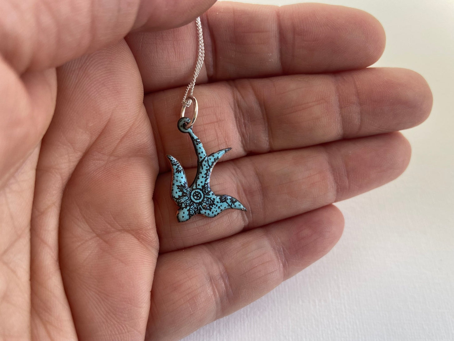 Swallow bird enamel necklace - blue or green - Katie Johnston Jewellery