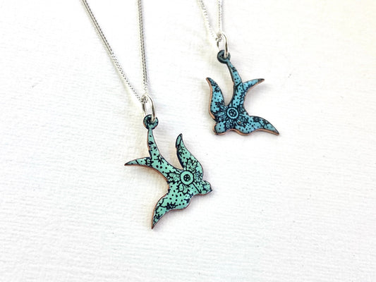 Swallow bird enamel necklace - blue or green - Katie Johnston Jewellery