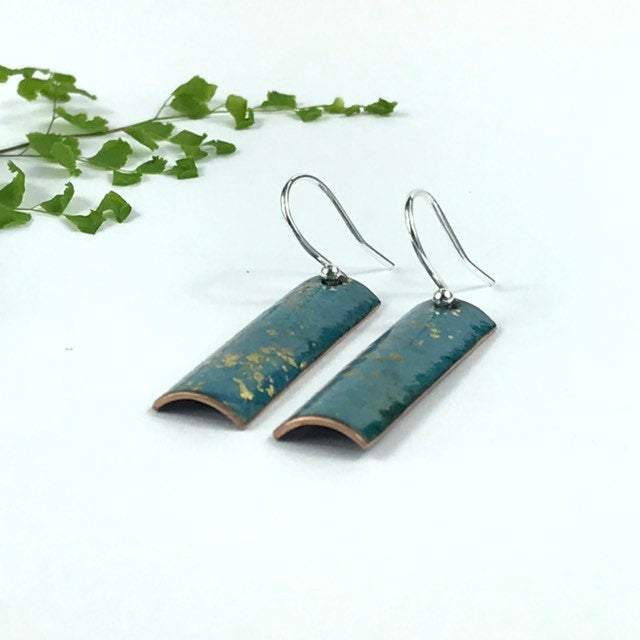 Teal rectangle drop earrings with 24ct gold leaf. - Katie Johnston Jewellery