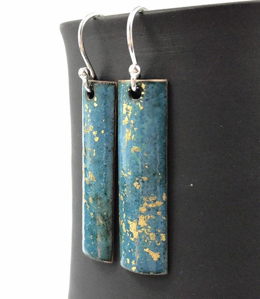 Teal rectangle drop earrings with 24ct gold leaf. - Katie Johnston Jewellery