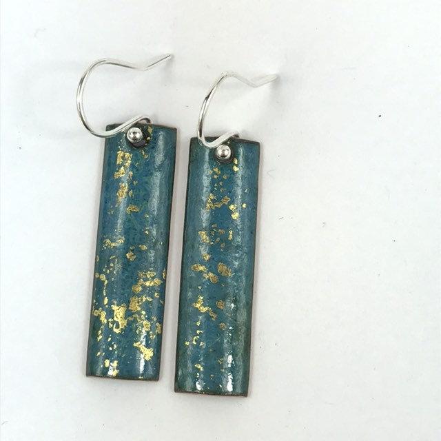 Teal rectangle drop earrings with 24ct gold leaf. - Katie Johnston Jewellery